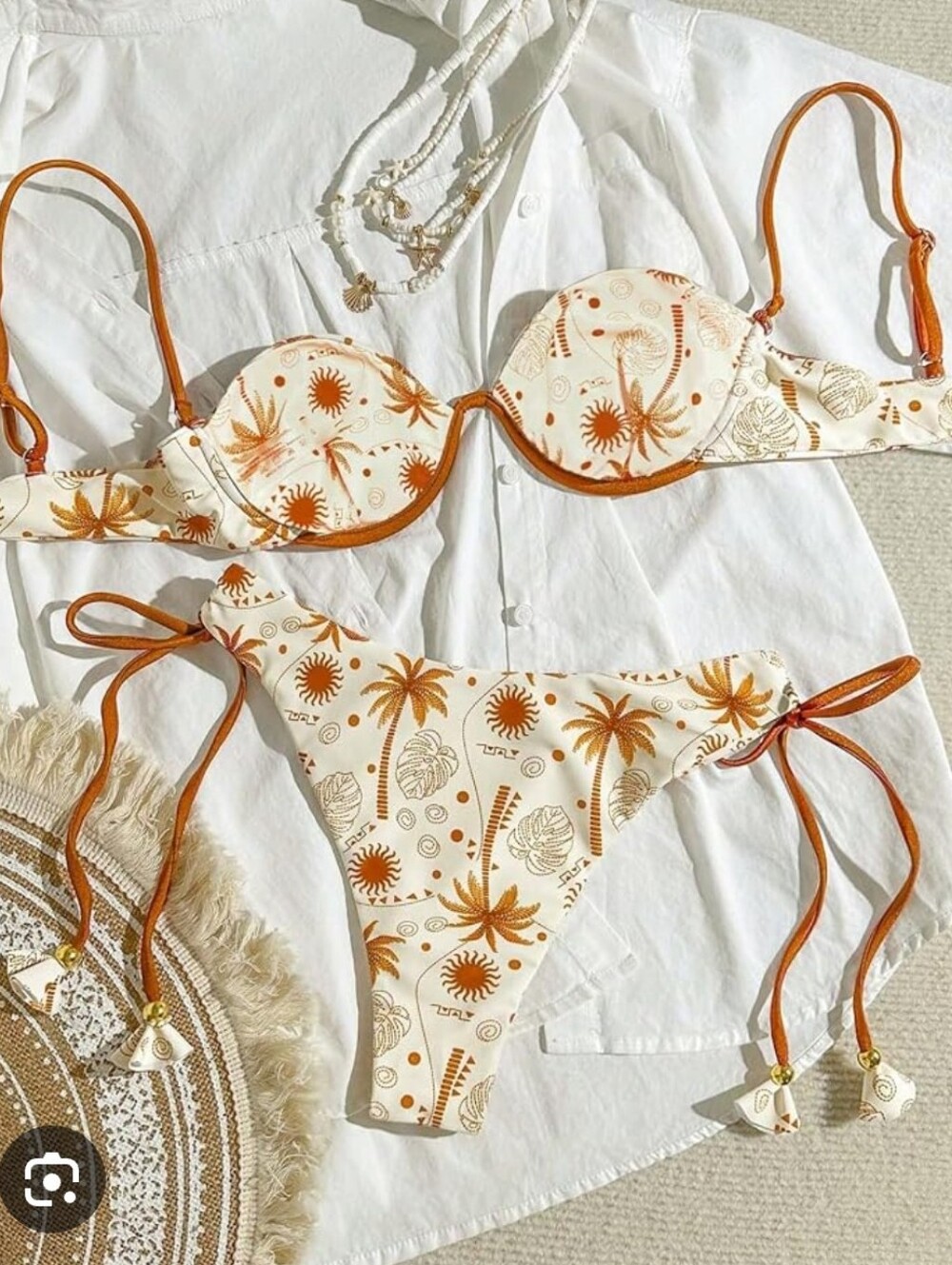 Women’s Cream & Orange Palm Print Boho Tie-Side Bikini M